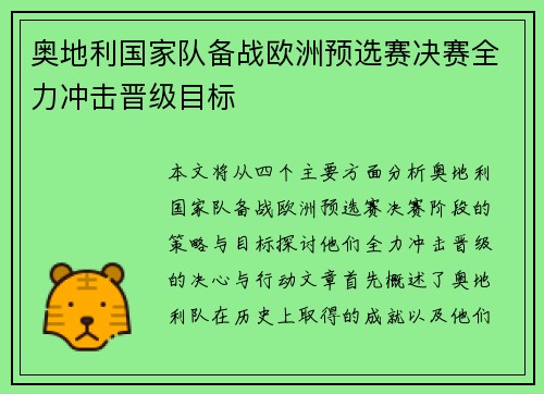 奥地利国家队备战欧洲预选赛决赛全力冲击晋级目标
